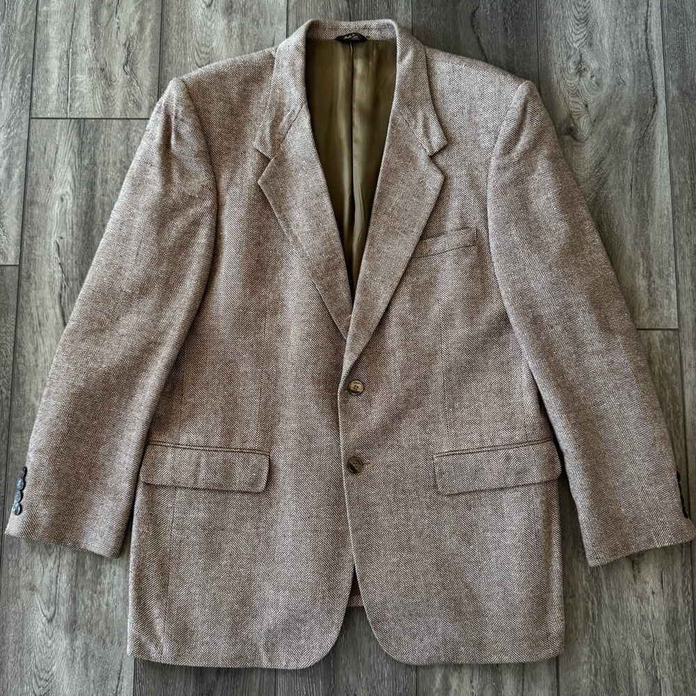 Bret Lawrence Sport Coat 100% Silk Blazer Men 44R Brown Herringbone Suit Jacket